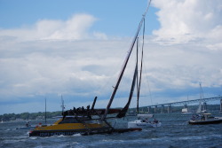 Boarding party!  sailnewport:  Even when racing ends, the opportunity for carnage remains. Word is that Dean Barker had to luff to avoid two spectator boats after the finish of the dayâ€™s final race. That move, combined with a sudden wind gust, caused