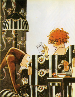books0977:  La Garçonne at home, 1925. C. Hérouard. Orignally printed in La Vie Parisienne.  Hérouard was a French book illustrator and frequent contributor to the “La Vie Parisienne” magazine devoted to women in text and pictures. This fine