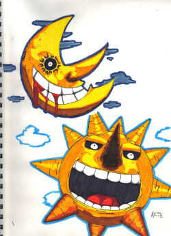 marsupialmonster:  Sorry if it’s a crappy-ish scan, but I got some markers yesterday. I wanted to break them in by coloring the Soul Eater sun and moon. No tracing, I swear.  Awesome.