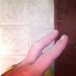 Mom thinks I broke my finger.. When I try to  stretch it out that&rsquo;s what happens&hellip; (Taken with Instagram)