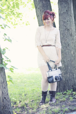 curvescultscurls:    OOTD: Cameras &amp; Lace   Dress: H&amp;M, Belt: Thrifted - No label, Purse: Paul FrankNecklace: Target, Shoes: Thrifted - Steve Madden, Stockings: Lord and Taylor  This is one of my favorite dresses to wear, especially during the