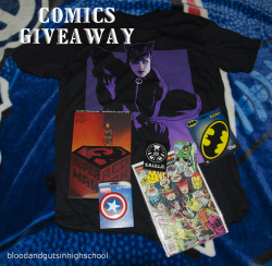 bloodandgutsinhighschool:  I’ve been talking about it for long enough now, but here at long last is the comic book giveaway I’ve been planning over on my side comic blog, comicbookaddictpenguin.  Contents: Catwoman T-shirt (size large) Green Lantern