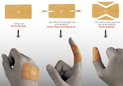 postapocalypsepunk:  alexob:  AmoeBAND became a 2012 IDEA Award Finalist by innovating every possible aspect of the plaster (band aid). The design revisions were: - Strategic cut-outs shape to fit fingers in such a way that it is easy to bend them and