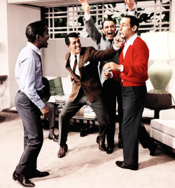 hollywoodlady:  Sammy Davis Jr, Dean Martin, Frank Sinatra and Joey Bishop clowning around on the set of Ocean’s 11, 1960 