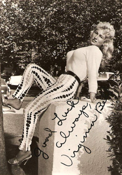 burleskateer:  Vintage 60’s-era signed promo postcard of Virginia Bell.. Groooovy Pants!! 