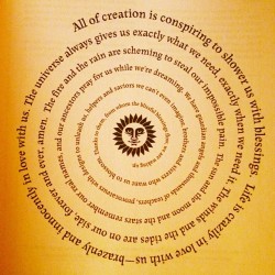 awakeningapril:  All of creation is conspiring to shower us with blessings.  Life is crazily in love with us — brazenly and innocently in love with us.  The universe gives us exactly what we need, exactly when we need it.  The winds and the tides