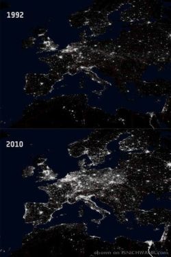 Europe at night from space 1992 vs 2010