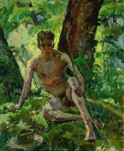 blastedheath:  Albert Weisgerber (German, 1878-1915), Männlicher Akt, sitzend im Wald, mit Hut und Bogen (Male nude, sitting in the woods, with hat and bow), c. 1909. Oil on cardboard. 
