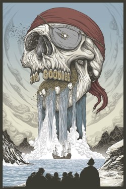 xombiedirge:  The Goonies by Randy Ortiz / Store / Tumblr 24” X 36” Screen print, numbered edition of 320. Sold at a special screening of The Goonies at The Alamo Drafthouse theatre in Kansas, in conjunction with Mondo / Tumblr. Remaining