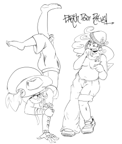   els-random-ramblings answered:  breakdancing challenge. You pick whos dancing    Oh hey, guess who took his gatdam time. I DO WHAT I WANT MA I mean, dynamic poses, blargh. But I kinda wanna color this one. (Fun Fact: Dance videos/movies are one of my