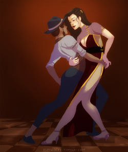 glasworks:  Korra and Asami, dancing in a club in Republic City. I love thinking about this setting and the characters and their connection to each other in this setting. I listen to several fitting music pieces while drawing this, for example this and