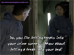 bbcsherlockpickuplines:  â€œSo, you like letting freaks into your crime scenesâ€¦ How about letting a freak into your bed?â€ 