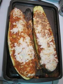 Punk Rock Sorority had zucchini boats yesterday after Graham came over with a very sizable zucchini specimen.  It was delicious.