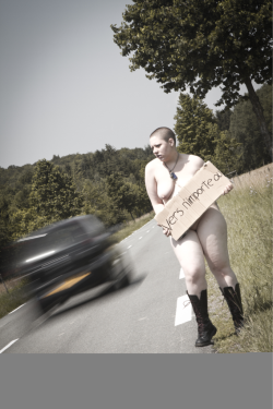 jencatalano:  Hitchhiking naked for Etienne Kopp in southern France!  Photo by Etienne Kopp. June, 2012. Belfort.