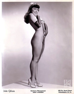 Julie Gibson    aka. &ldquo;The Bashful Bride&rdquo;..  Vintage 50’s-era promo photo depicting a classic pose.. Ms. Gibson was managed by Buddy Ottenberg, a part-owner of Philadelphia’s popular ‘WEDGE Club’; the venue where Julie performed