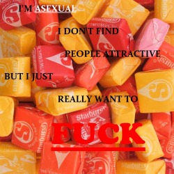 ferrets-are-awesome:  fast-adults-at-work:  ferrets-are-awesome:  inexplainable-me:  queersecrets:  [image: starburst candy. text: “I’m asexual I don’t find people attractive but I just really want to FUCK”]  To whomever submitted this: That makes