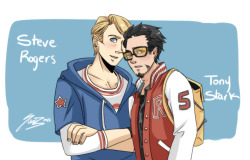 silicebworks:  Tony and Steve AU College version =D  So obviously Tony’s wearing Steve’s jacket! Oh those two.. LET ME WORK PLEASE 