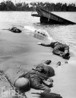 thenewmanhattanite:  American Soldiers dead on Buna Beach. Photograph taken by George Strock in February, 1943.  Published in LIFE Magazine in Septemeber, 1943.  There fault