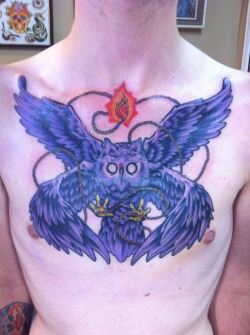fuckyeahtattoos:  This is my owl chest piece that i just got colored in today. We still need to do the back ground.  Artist: Joel Leblanc Shop: Hell or High Water, Moncton, New Brunswick.