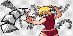 personasama:  Roxanne Richter from the Scott Pilgrim game For the boss confrontation illustrations, I would draw them in higher res then shrink them and clean it up in pixels for ingame size. Later on, Stephane touched them up for the final build. In