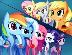 Pinkie is Soviet, AJ is Germany, Fluttershy is Japan, can&rsquo;t see Twi&rsquo;s, Derpy is Italy, Trixie is British, and Rarity i think is France, mabey? RD is America.
