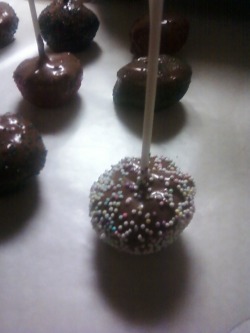 Crappy phone pictures but these are my fudgy cake pops. They taste good, but I dont like the chocolate coating lol. I bet theyd taste better if it was frosting lol. 