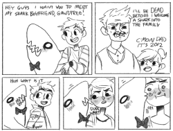 datkarkatass:  tentacuddles:  wealldraw:   shark smooch comic  always reblog  there are no words as to how much i love this 
