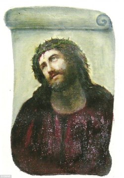 rosu:  freyahere:  theoddmentemporium:  A well-meaning octogenarian has stunned art experts after taking it upon herself to restore a treasured century-old fresco - with distinctly amateurish results. Elias Garcia Martinez’s depiction of Jesus has