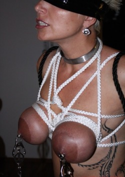 tightandpurple:   Classy elaborate white rope bondage on tattoos, with weighted nipple rings on her bulging tits with large areolas. Love the earring!    Add to that a the nice steel collar. This is one committed bondage slave, looks like. 