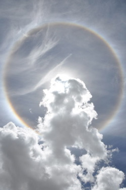  22° Ice Halo Light passing through the hexagonal ice prisms is deflected twice, which produces deviation angles ranging from 22° to 50°. Lesser deviation results in a brighter halo along the inner edge of the circle, while greater deviation contribute