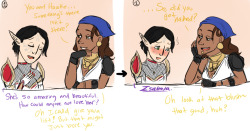 i&rsquo;d thought it would be fun to draw out this small convo that izzy and merrill had ehehe♥ this is some banter that occurs if you&rsquo;ve romanced merrill and you have isabela in your party ( the f!hawke version because u know silly ol&rsquo;