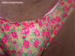 daddyinpanties:  Daddy’s flowery-pink, ruffled bikini panties—the Victoria’s Secret “Pink” tag says “Extra Low Rise Bikini.” (I have three pairs of these sexy cute, ruffly panties—these, plus one hot-pink panty and one neon-green panty,