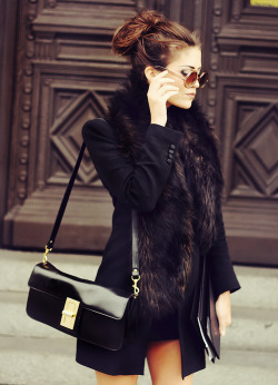 pretaportre:  Swedish blogger Mira of 365 days shows off her Stockholm Fashion Week street style. Mira was wearing a Zara jacket, Whyred bag, Lindex glasses, and Jofama fur from Lava Store.