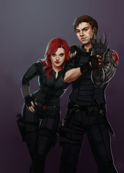 vylla-art:  Black Widow and Winter Soldier. Probably picking targets, judging by the expressions… poor, poor targets… 