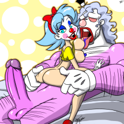 candyincubus:  Collab with the awesomely talented Aeolus. Giggles the slutty clown and Bubbles the bubblegum clown put on one hell of a show. You should see their disappearing act.  Well, you probably will anyway. Haha hoho haawwwww Okay I’m done :T