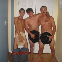 Hats in place, ready to go out on the campus. boysinthewild:  whats under the cowboy hats 