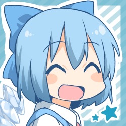 1girl blue hair blush stickers bow bust cirno closed eyes daitirumoesu hair bow looking at viewer open mouth smile solo star touhou