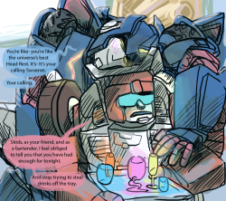 slogandstuff:  My half of an art trade with Morgenty! Skids getting drunk in Swerve’s bar. Loved what you made me, so I hope this makes you just as happy. :) 