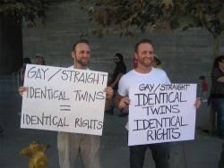 lgbtqgmh:  [Two men hold signs that read, â€˜Gay/straight. Identical twins = identical rightsâ€™]  i could not agree more