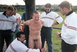 gayperfected:  Naked Rugger initiation  And yes, some rugby teams do actually do shit like this. We don&rsquo;t call it hazing, we call it third half.