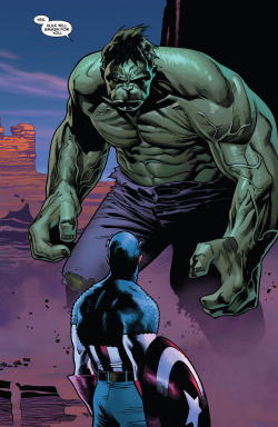 comicsforever:  “Hulk Will Smash For You” // artwork by Oliver Coipel and Laura Martin (2012) If something has to be explained about this page for the new generation of readers it’s that Captain America is a natural leader. He’s not the strongest