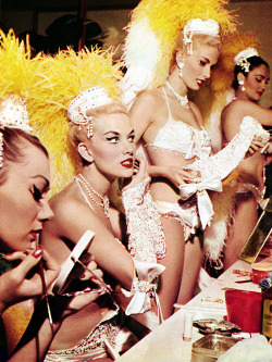 A bevy of showgirls at the &lsquo;SAHARA&rsquo; casino prepare before another performance.. From an article on Las Vegas, scanned from the December ‘59 issue of ‘NUGGET’ magazine..