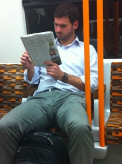 nylonshortslover:  captswirler:  .. Nice penis bulge ..  I would sit across from him and stare at his crotch and rub my growing cock.