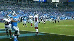 afbknows:  Whoops! Antrel Rolle and Greg Olsen tumble out of bounds…  Uh oh.