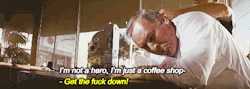 ohnosiro:   In the end credits, the Coffee Shop Manager is credited as just Coffee Shop. Quentin Tarantino said this was because when Tim Roth puts the gun to his head and says “Are you gonna be a hero?”, the manager only says “I’m just a Coffee