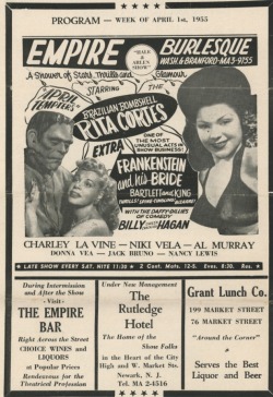 burlyqnell: April 1955 program ad for the ‘EMPIRE Burlesque Theatre’, featuring “Brazilian Bombshell&quot; Rita Cortes.. As well as Bartlett and King! Comedian Billy &ldquo;Cheez'n Crackers&rdquo; Hagan provides the laughs..