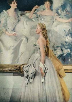  Vogue December 1950 “Miss Mary Drage is 19 years old and is dancing with the Sadler’s Wells Ballet company. She wears a full-length ball dress with grey clouds of rayon net and swooped about with grey rayon taffeta, by Rappi.”  I looooove that