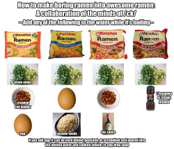 spudsworth:  chinad011:  pineapplebananacurry:  cookingformorons:  greencarnations:  How to make your ramen 9001x better, courtesy of /ck/  And you can buy roast beef and roast chicken on the internet. I am set for ramen for like a year now.  QUICK EGG
