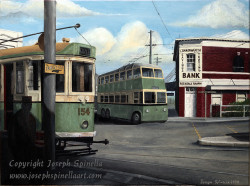 worldwiderails:  A Sydney tram and trolley bus meet at Rockdale Station by JosephSpinellaArt on Flickr. “The painting dipicts L/P tram 154 arriving at Rockdale station as well as trolley bus number 19. Both of which are now preserved at the Sydney Tramway