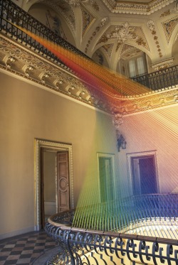 easy-to-love:  Gabriel Dawe created Plexis no. 19, a stunning thread installation thatâ€™s beautifully spread across two balconies in the atrium of a historic villa. The early 19th century neoclassic house, called Villa Olmo, was acquired in 1924 by the